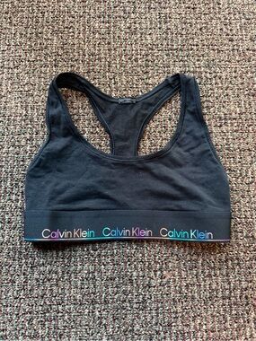 Calvin Klein Black Racerback Sports Bra with Rainbow Logo Band